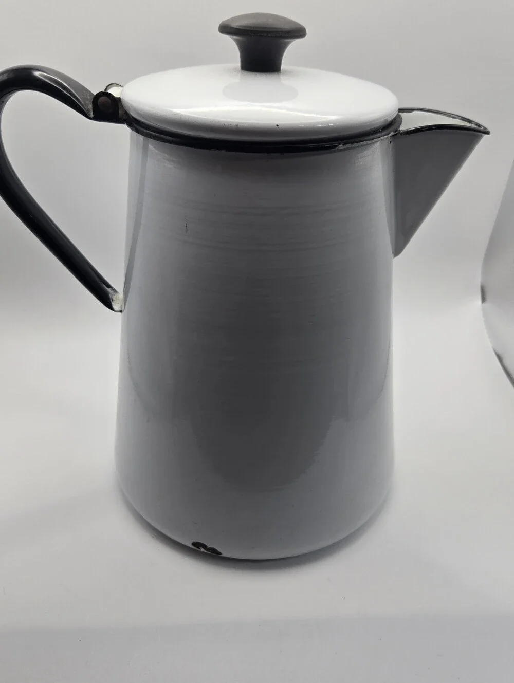 Vintage Enamel Coated Metal Cowboy Coffee Pot In Black And White